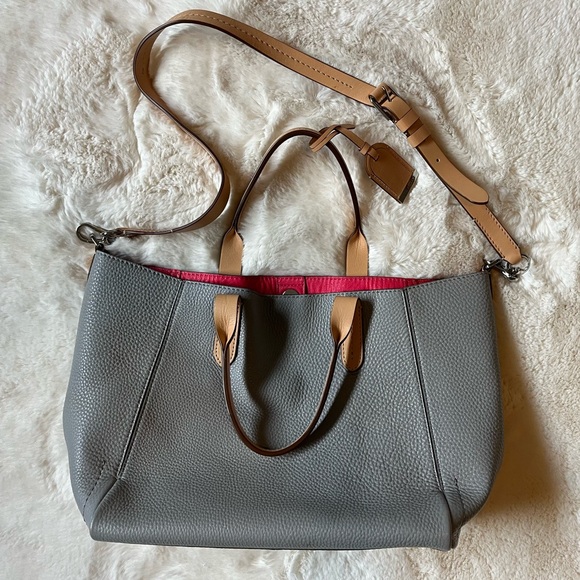 Cole Haan Crosby Gray Leather Tote Bag with hot pink interior neutral straps
